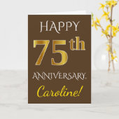 茶色、偽ゴールド 75周年 結婚記念日 + 名前 カード (黄色い花)