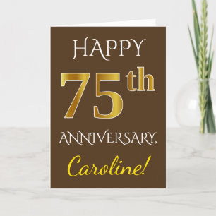 茶色、偽ゴールド 75周年 結婚記念日 + 名前 カード