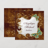 茶色 水色 ゴールドの国 レセプション 結婚式 招待状 (正面/裏面)