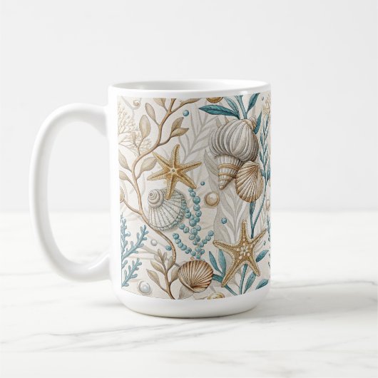 茶色 緑色 白色 貝殻と水生植物 コーヒーマグカップ (左)