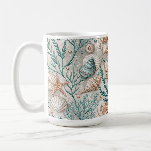 茶色 緑色 白色 貝殻と水生植物 コーヒーマグカップ (左)
