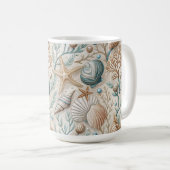 茶色 緑色 白色 貝殻と水生植物 コーヒーマグカップ (正面右)