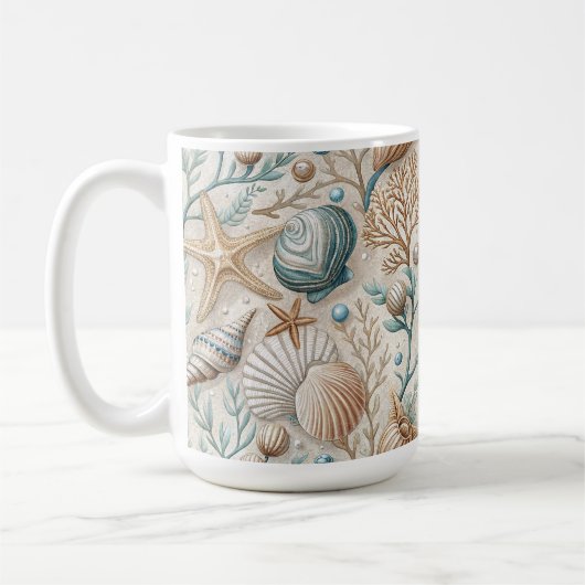 茶色 緑色 白色 貝殻と水生植物 コーヒーマグカップ (左)