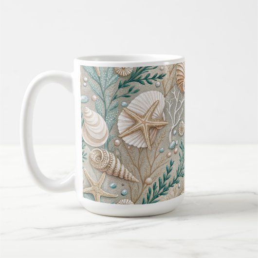 茶色 緑色 白色 貝殻と水生植物 コーヒーマグカップ (左)