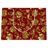 茶色 – 赤と光沢のある金ゴールドダマスクパターン ラージペーパーバッグ (正面)