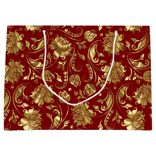 茶色 – 赤と光沢のある金ゴールドダマスクパターン ラージペーパーバッグ (正面)