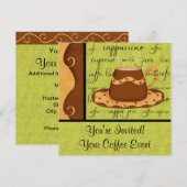 茶色 金色 緑 チェック柄 コーヒーカップ アート 名前 招待状 (正面/裏面)
