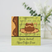 茶色 金色 緑 チェック柄 コーヒーカップ アート 名前 招待状 (スタンド正面)