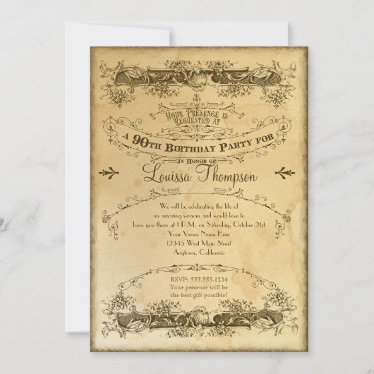 茶葉の染みたヴィンテージ90歳の誕生日お祝い 招待状 (正面)