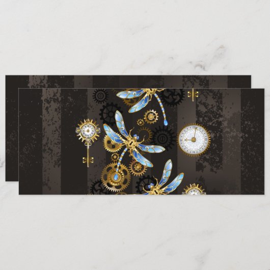 茶褐色の縞模様の背景に蒸気パンクのトンボ セーブザデート (正面/裏面)