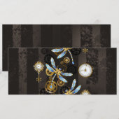 茶褐色の縞模様の背景に蒸気パンクのトンボ 招待状 (正面/裏面)