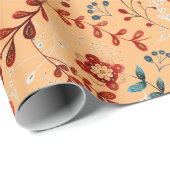 茶褐色の背景に赤と青の花と植物のモダンなパターン ラッピングペーパー (ロールコーナー)