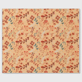 茶褐色の背景に赤と青の花と植物の模様 ラッピングペーパー (フラット)