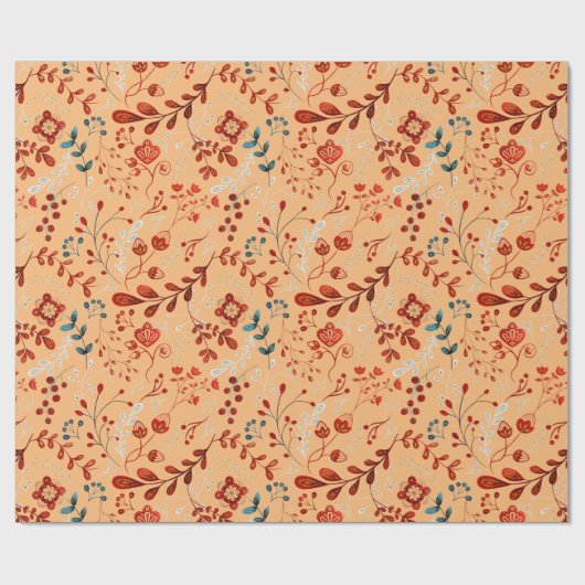 茶褐色の背景に赤と青の花と植物の模様 ラッピングペーパー (フラット)