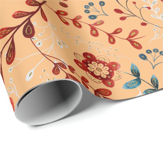 茶褐色の背景に赤と青の花と植物の模様 ラッピングペーパー (ロールコーナー)
