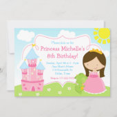 茶髪のかわいいプリンセスとドラゴンの誕生日パーティー 招待状 (正面)