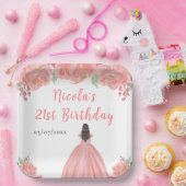 茶髪のプリンセス ピンクの花の誕生日パーティー ペーパープレート (パーティー)