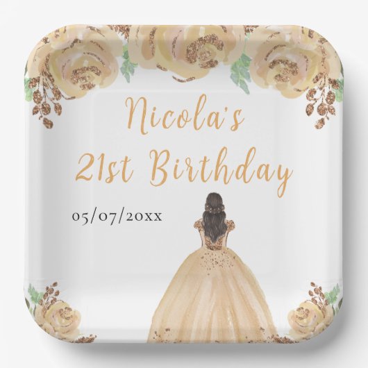 茶髪のプリンセス・ピーチの花柄の誕生日パーティー ペーパープレート (正面)