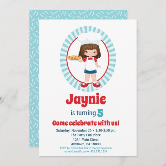 茶髪の女の子の誕生日パーティー ピザ 招待状 (正面/裏面)