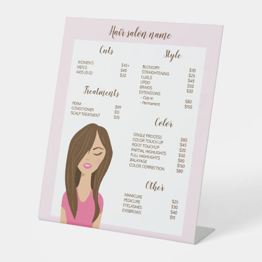 茶髪の女性のイラスト オーダーメイド ヘアサロンメニュー 台座サイン (正面)