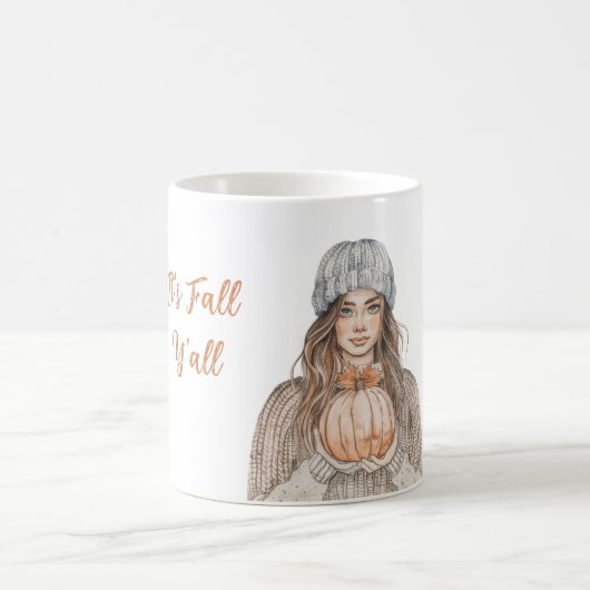 茶髪の女性の帽子のかぼちゃ It's Fall Y'all コーヒーマグカップ (中央)