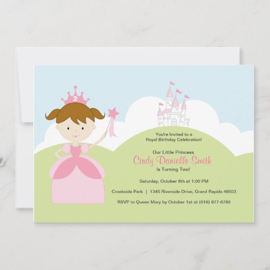 茶髪誕生日プリンセスインピンクウィズキャッスル 招待状 (正面)