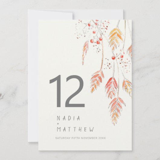 草と果実の秋の結婚式テーブル番号カード (正面)