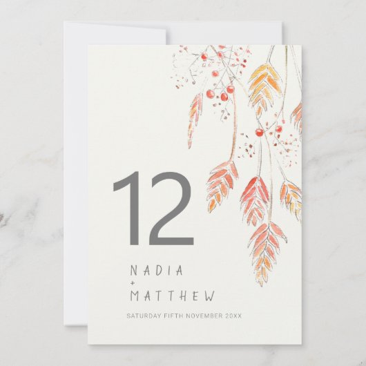 草と果実の秋の結婚式テーブル番号カード (裏面)