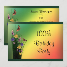草と花束と蝶の100歳の誕生日 招待状