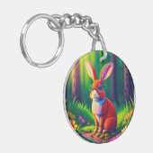 草に座る赤いウサギ - 57666 キーホルダー (正面左)