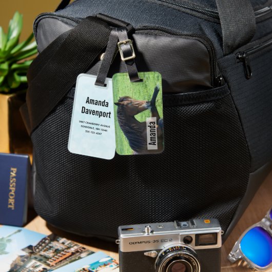 草のかわいらし中に寝そべる茶色の馬 ラゲッジタグ (正面&裏面)