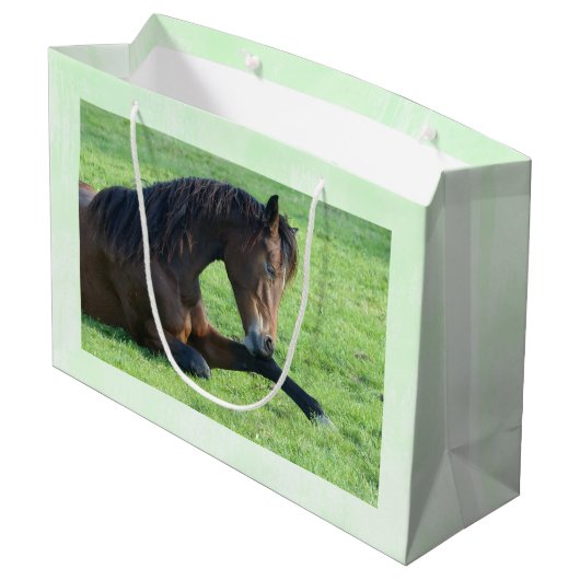 草のかわいらし中に寝そべる茶色の馬 ラージペーパーバッグ (裏面アングル)