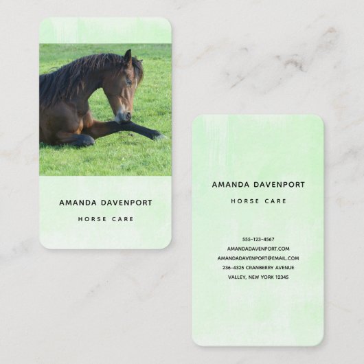 草のかわいらし中に寝そべる茶色の馬 名刺 (正面/裏面)