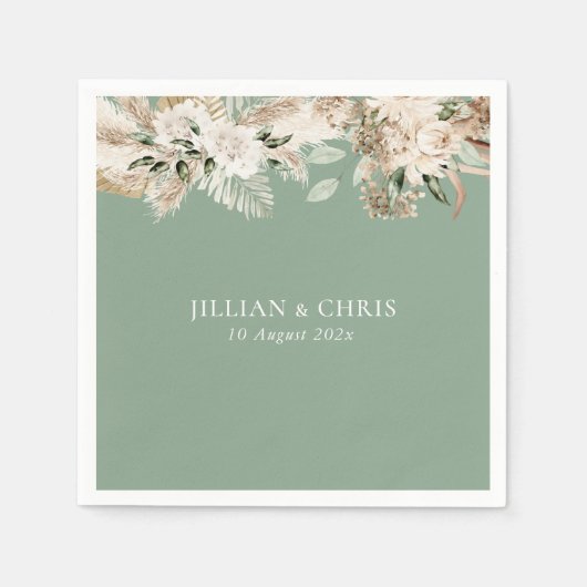 草のセージ緑のフローラをパンプス結婚 スタンダードカクテルナプキン (正面)