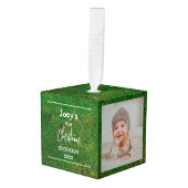 草のテーマベビー初めてのクリスマス3写真 キューブオーナメント (正面アングル)