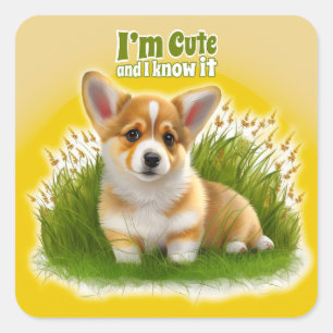 草の上のコギの子犬  かわいいペット スクエアシール