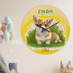 草の上のコギの子犬  かわいいペット ラージ壁時計