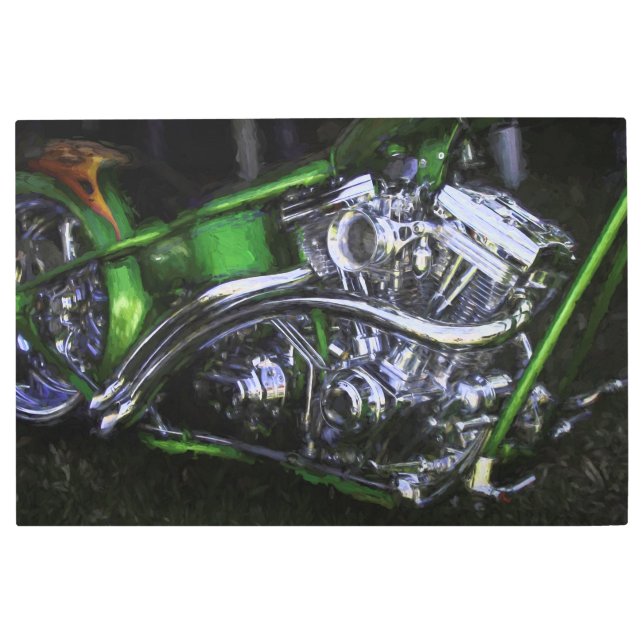 草の上のチョッパーバイク·ドラゴン メタルプリント (正面)