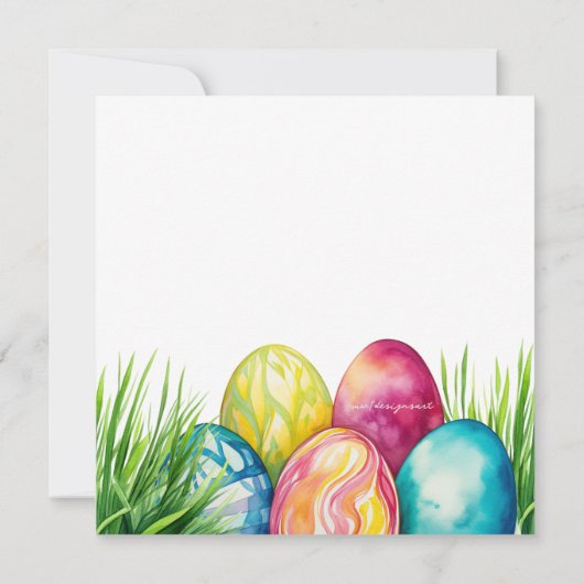 草の中に産まれる明るい色の復活祭の卵 招待状 (裏面)