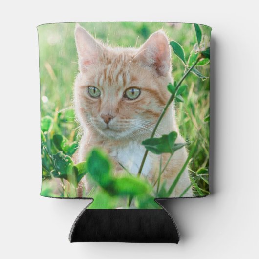 草の中に緑の目を持つジンジャーネコ 缶クーラー (裏面)