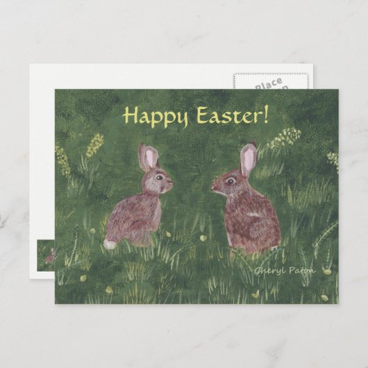 草の中の二匹の野生のウサギハッピーイースターはがき シーズンポストカード (正面/裏面)