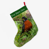 草の中の奇妙なアメリカロビン ラージクリスマスストッキング (裏面 (吊り時))