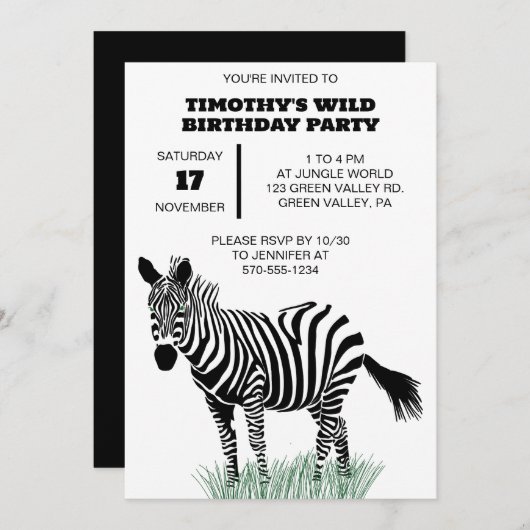 草の中の白黒のゼブラパーティー 招待状 (正面/裏面)