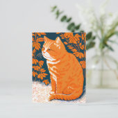 草の中の赤い猫の木版画 ポストカード (スタンド正面)