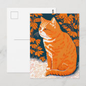 草の中の赤い猫の木版画 ポストカード (正面/裏面)