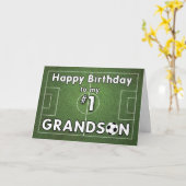 草の原とボールを持つサッカーの孫誕生日 カード (黄色い花)