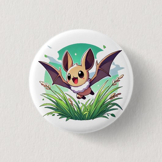 草の原飛んでいる野の幸せなこうもり 缶バッジ (正面)