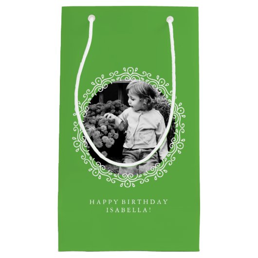 草の緑のパーソナライズされた渦巻きファンシー写真フレーム スモールペーパーバッグ (正面)