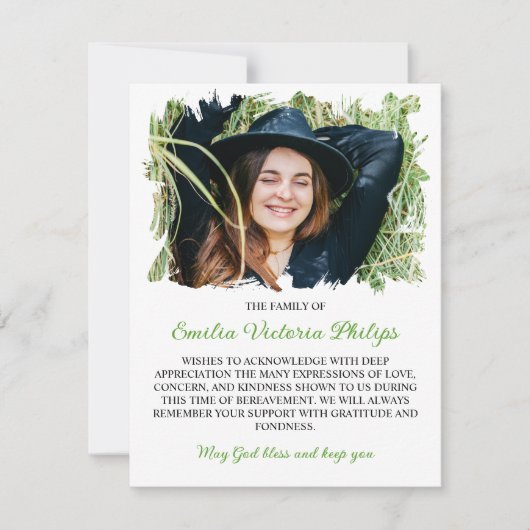 草の緑のブラシ付き縁ど写真の忌引き サンキューカード (正面)