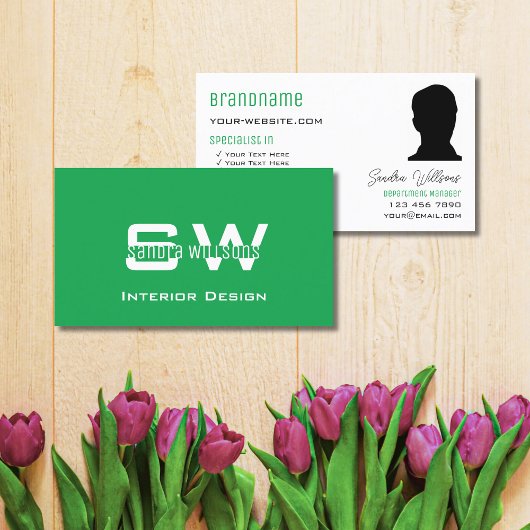 草の緑の平白とモノグラムと写真 名刺